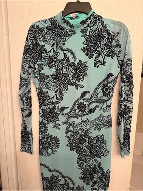 Fashion Nova Aqua Floral-Print Long Sleeve Dress